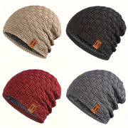 Men's Knit Beanie Winter Hat Faux Leather Patch Warm Windproof for Cycling Hiking