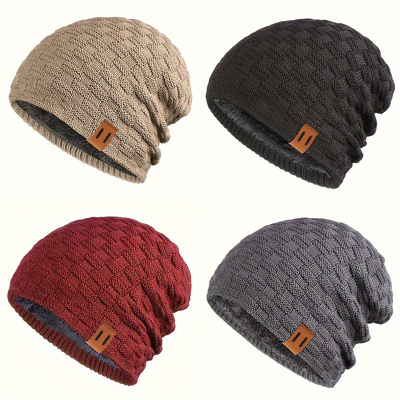 Men's Knit Beanie Winter Hat Faux Leather Patch Warm Windproof for Cycling Hiking