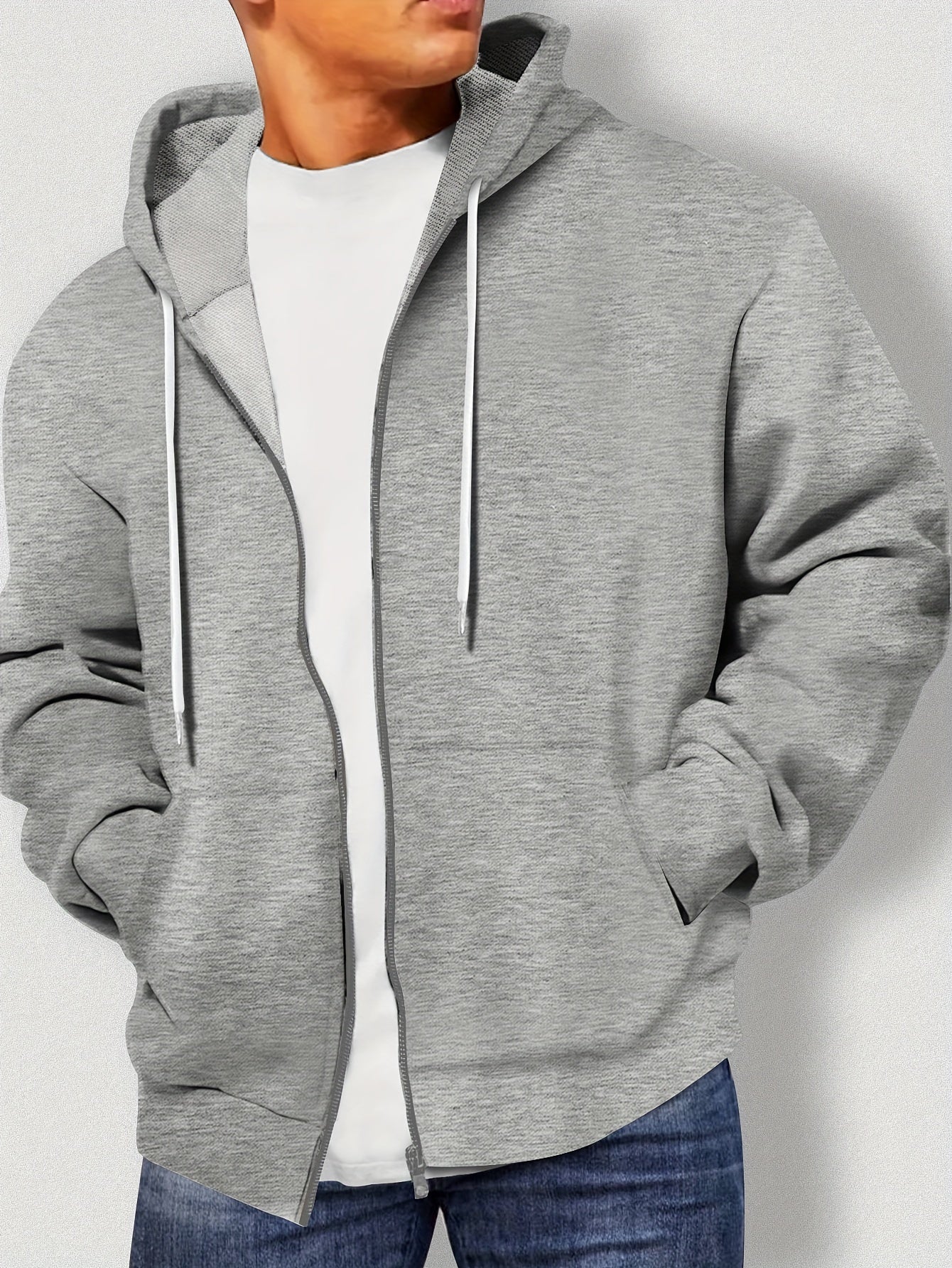 Men's Plus Size Solid Color Zip-Up Hoodie Polyester Knit Regular Fit for Spring Fall