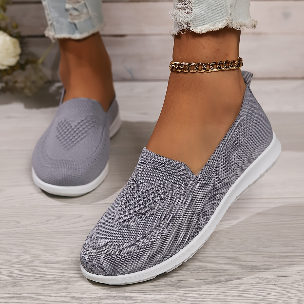 Women's Knit Sneakers - Lightweight Slip-On Breathable Mesh Gray