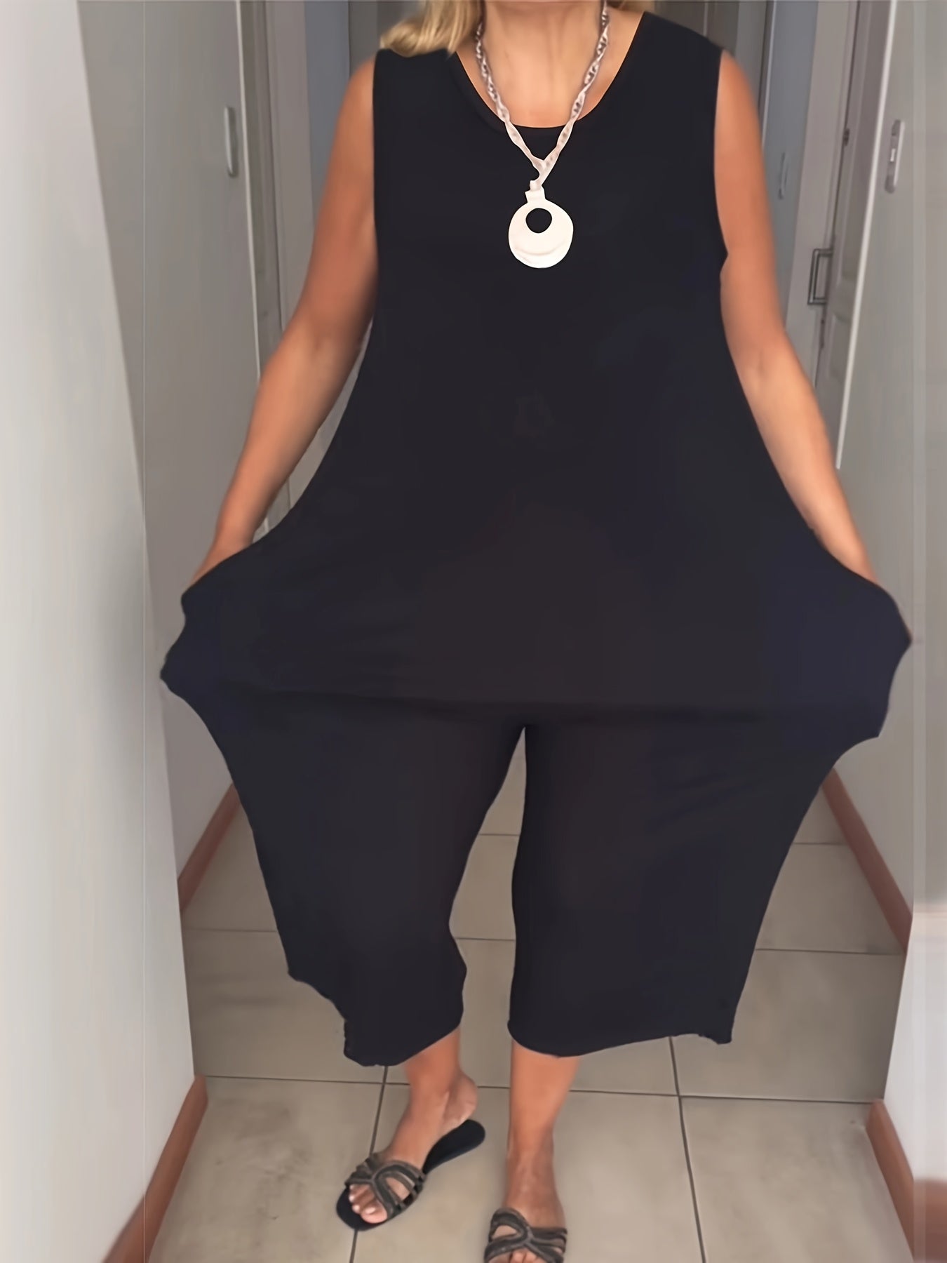 Pantalones de mujer con escote en V profundo sin mangas de cintura alta con bolsillos, talla grande, color sólido, primavera verano