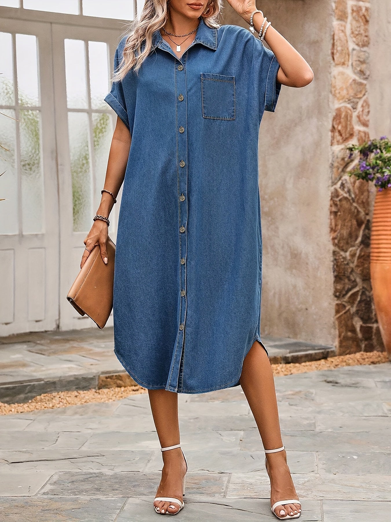 Vestido de mezclilla para mujer de talla grande, ajuste relajado, con botones y bolsillos en el pecho