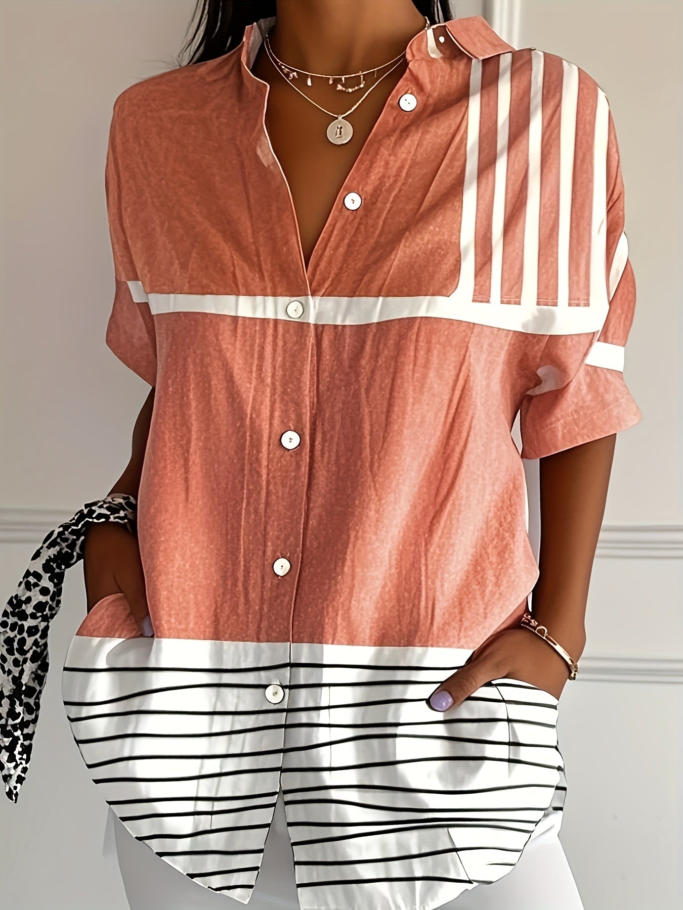 Women's Plus Size Short Sleeve Button-Up Shirt Geometric Color Block Summer Beachwear