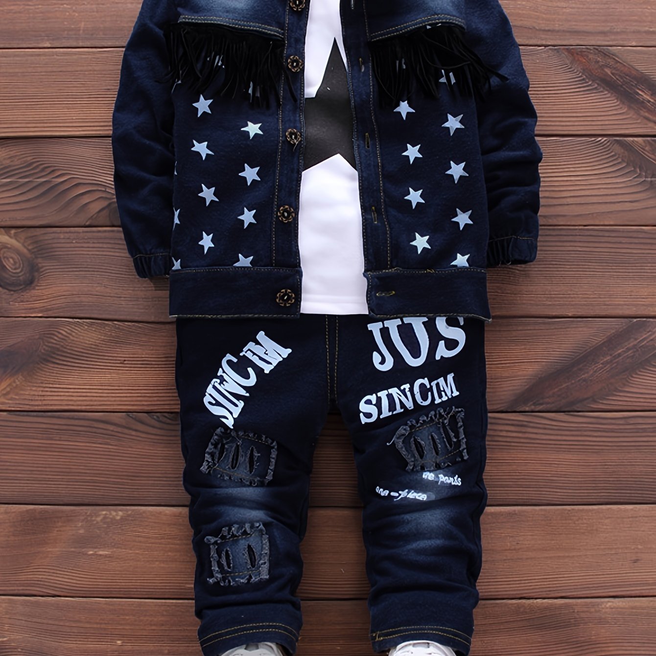 Boys' Korean-Style Faux Denim Fringe Three-Piece Set for Spring Outdoor Wear