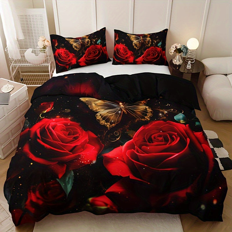 3-Piece Romantic Rose Butterfly 3D Duvet Cover Set with 2 Pillowcases Soft Breathable Polyester Bedding for Home Dorm Decor