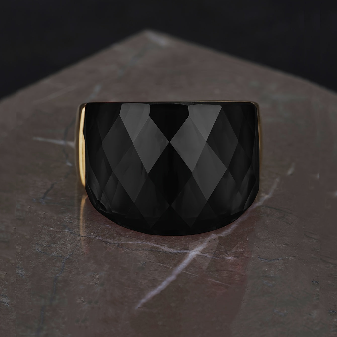 Stainless Steel Ring with Black Synthetic Stone for Men and Women