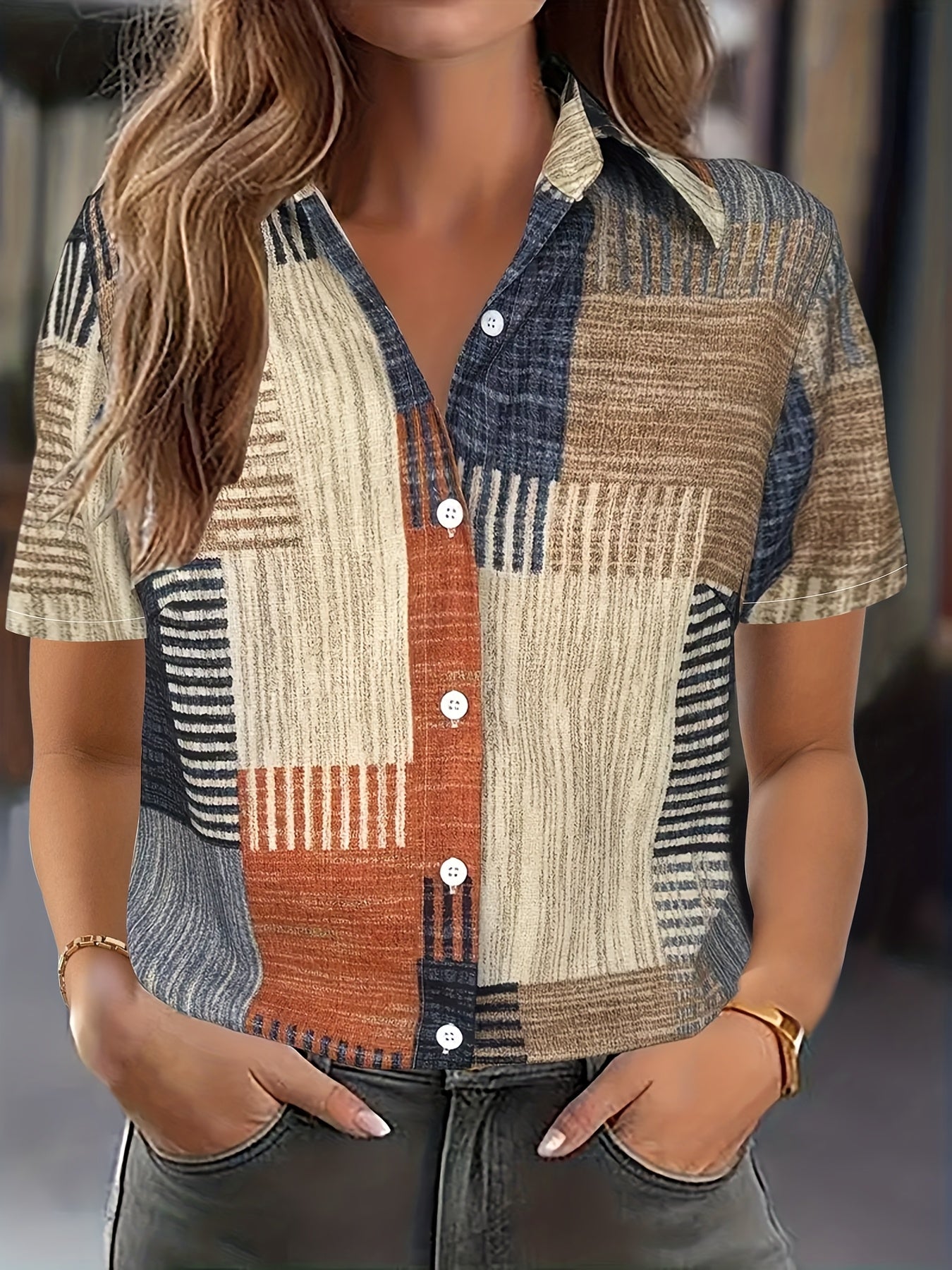 Blusa de manga corta para mujer con estampado digital y patchwork para verano