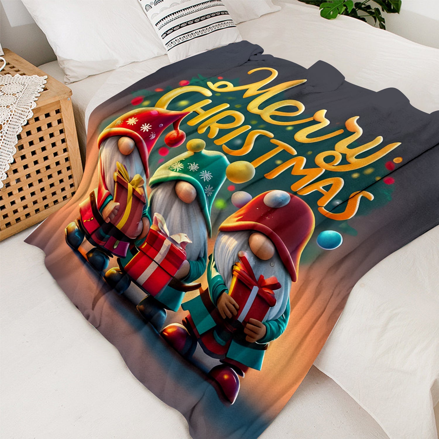 Printed Christmas Gnome Blanket for Sofa Bed Camping Light Polyester 200-250g