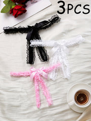 Women's Lace Thongs with Open Crotch and Bow Detail Semi-Sheer Nylon Blend Lingerie