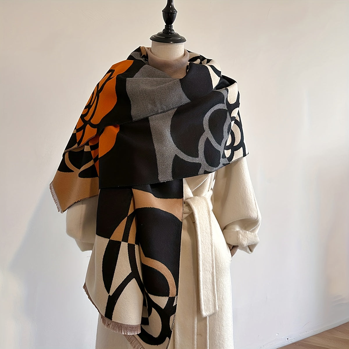 Women’s Camellia Jacquard Scarf Warm Thick Soft Imitation Cashmere Shawl Autumn Winter Fringe