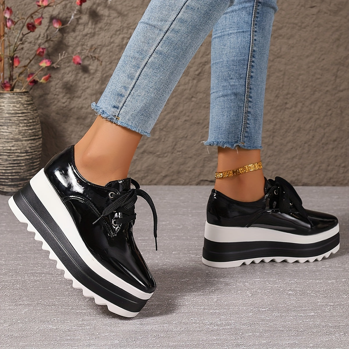 Women Square Toe Platform Shoes Thick Sole Non-Slip Lightweight