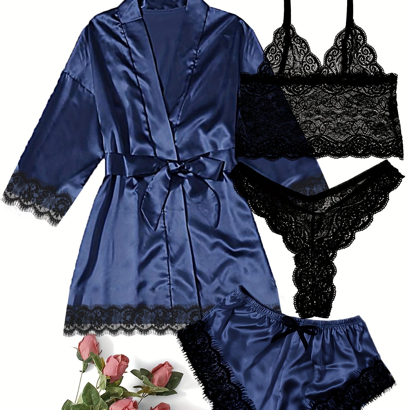 Women's Loungewear Set with Lace Detailing Robe V-Neck Cami Shorts and Panties