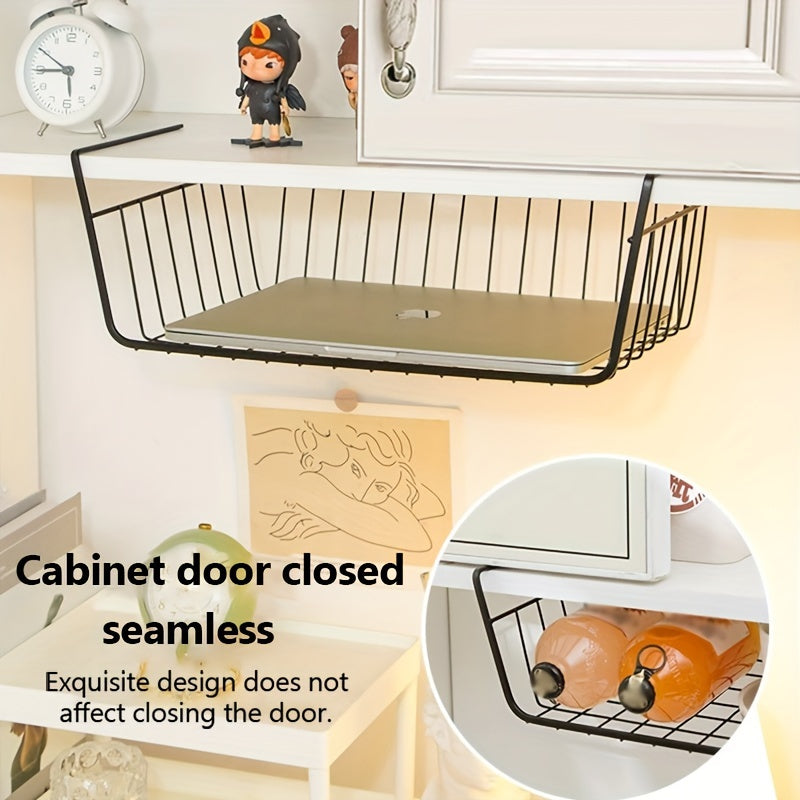 Organizador de cocina de hierro fundido negro con almacenamiento debajo de la estantería y cesta colgante