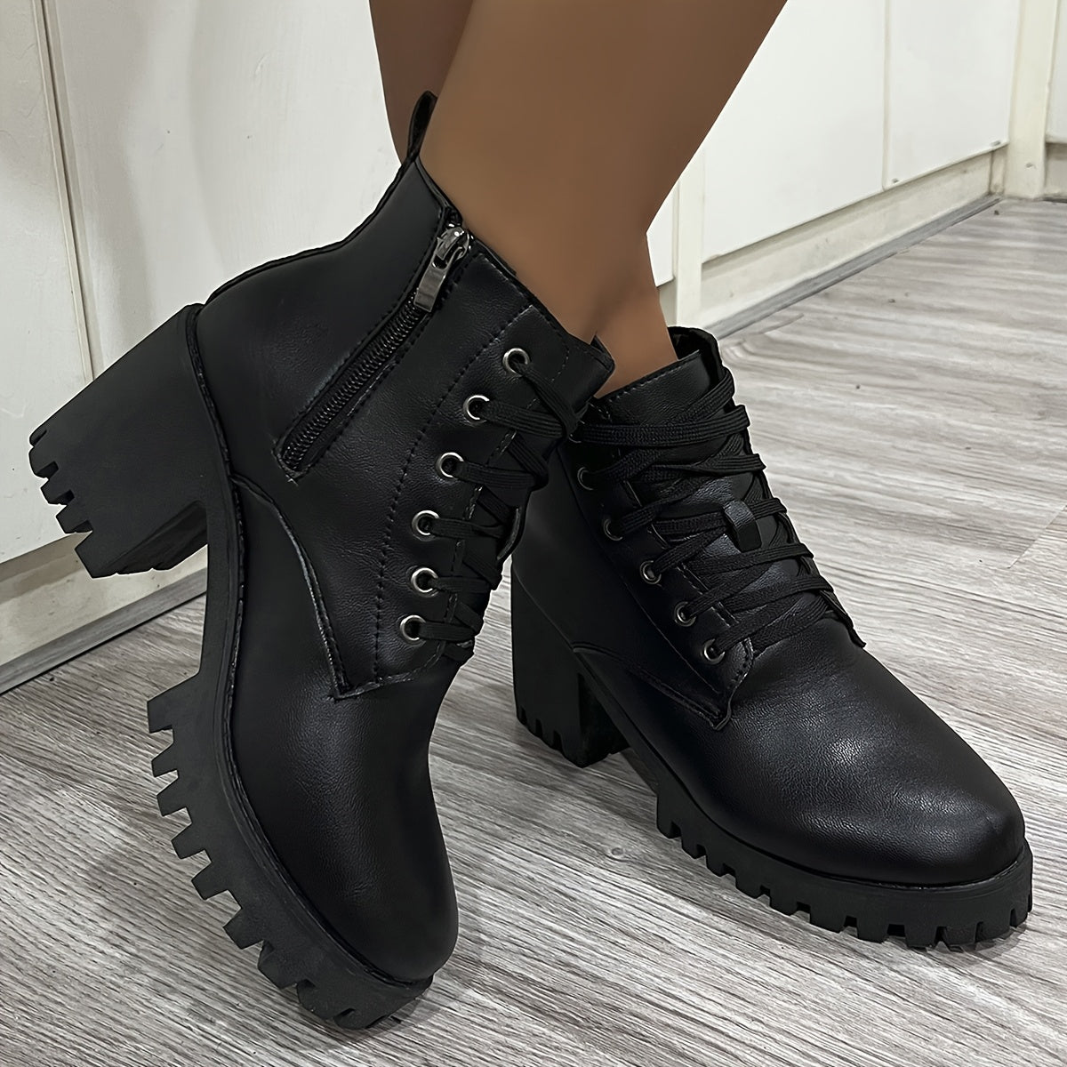 Women's Faux Leather Western Ankle Boots with Chunky Heel and Lace-Up Design