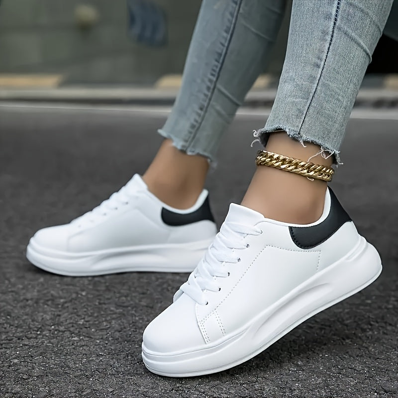 Women’s White Casual Sneakers with Black Accents, Lightweight EVA Sole