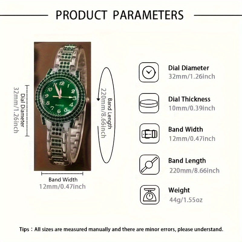 Women's Accessory Set with Quartz Watch, Green Crystals, Jewelry, Teardrop Design
