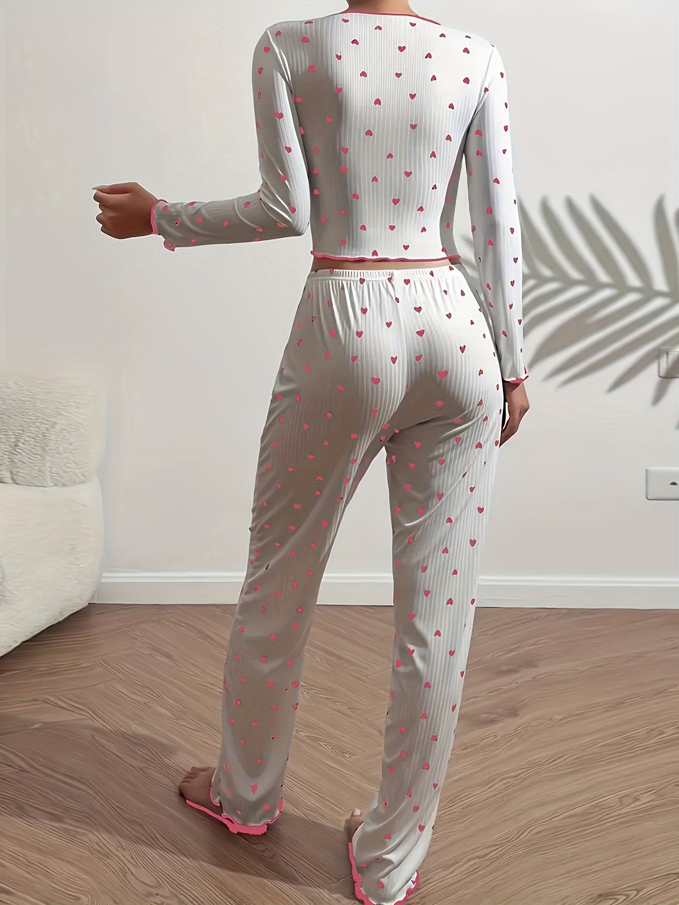 Heart Print Lounge Set with Frill Trim and Bow Detail for Women