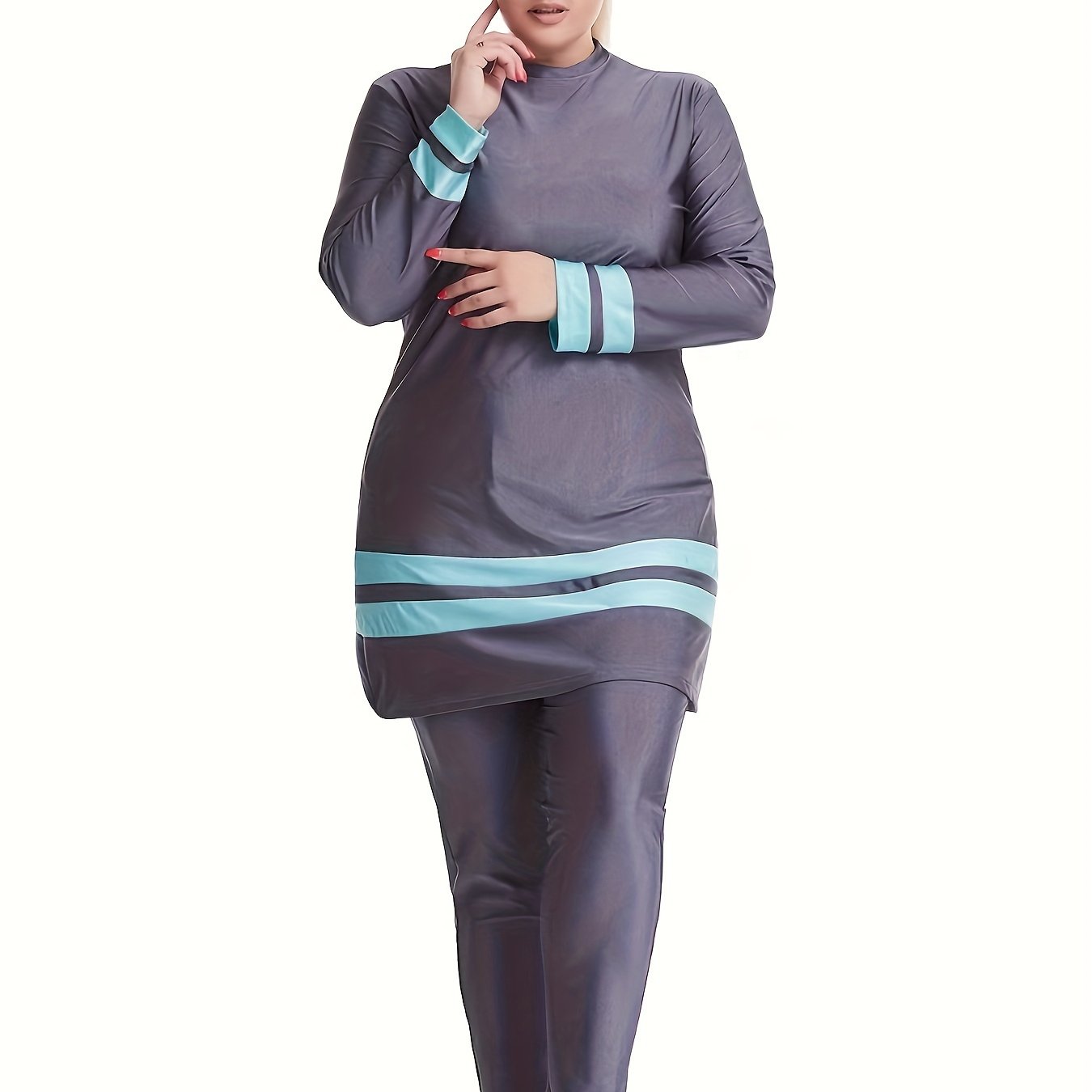 Скромный женский купальник с защитой от солнца, топ и штаны с длинным рукавом, полоски, полиэстер, эластан