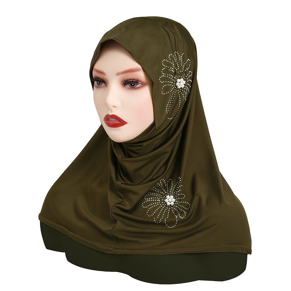 Women's Solid Color Elastic Polyester Hijab with Rhinestone and Pearl Accents