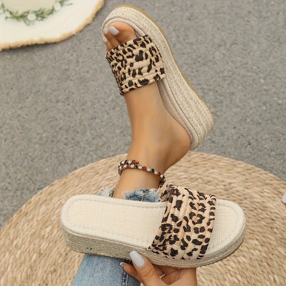 Women's Bohemian Woven Slide Sandals with Thick Platform for Beach Pool