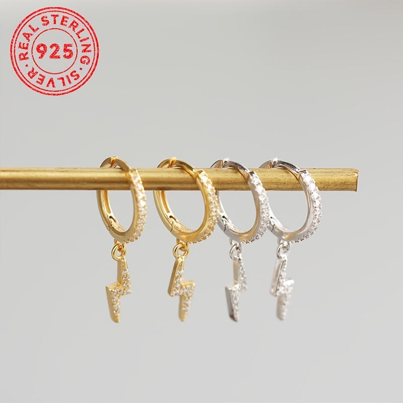 Sterling Silver Punk Earrings with Lightning Bolt Zirconia Pendants for Daily Wear