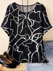 Plus Size Women's Casual T-Shirt with Line Print Short Sleeves Round Neck Polyester Blend