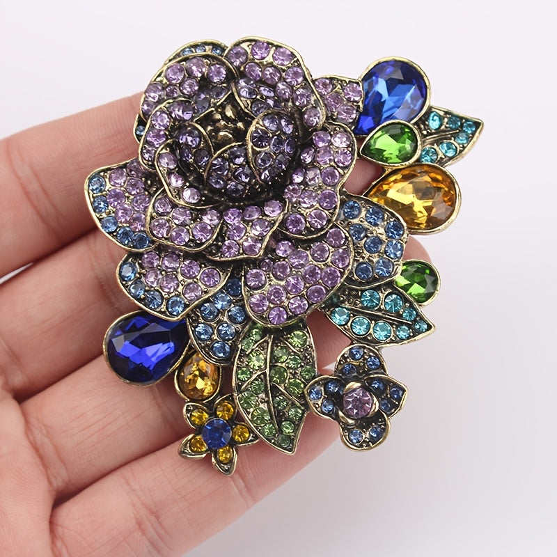 Vintage Purple Rhinestone Flower Brooch with Diamond Accents for Coat Jacket Suit