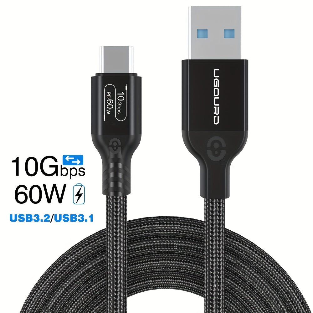 USB3.2 Gen2 USB-A dan Type-C kabel, 10Gbps ma'lumot uzatish tezligi, 20V3A 60W maksimal quvvat uzatish. Telefon, Pad, iPhone15 Pro Max, iPad, noutbuk, PC, SSD qutisi bilan mos keladi.