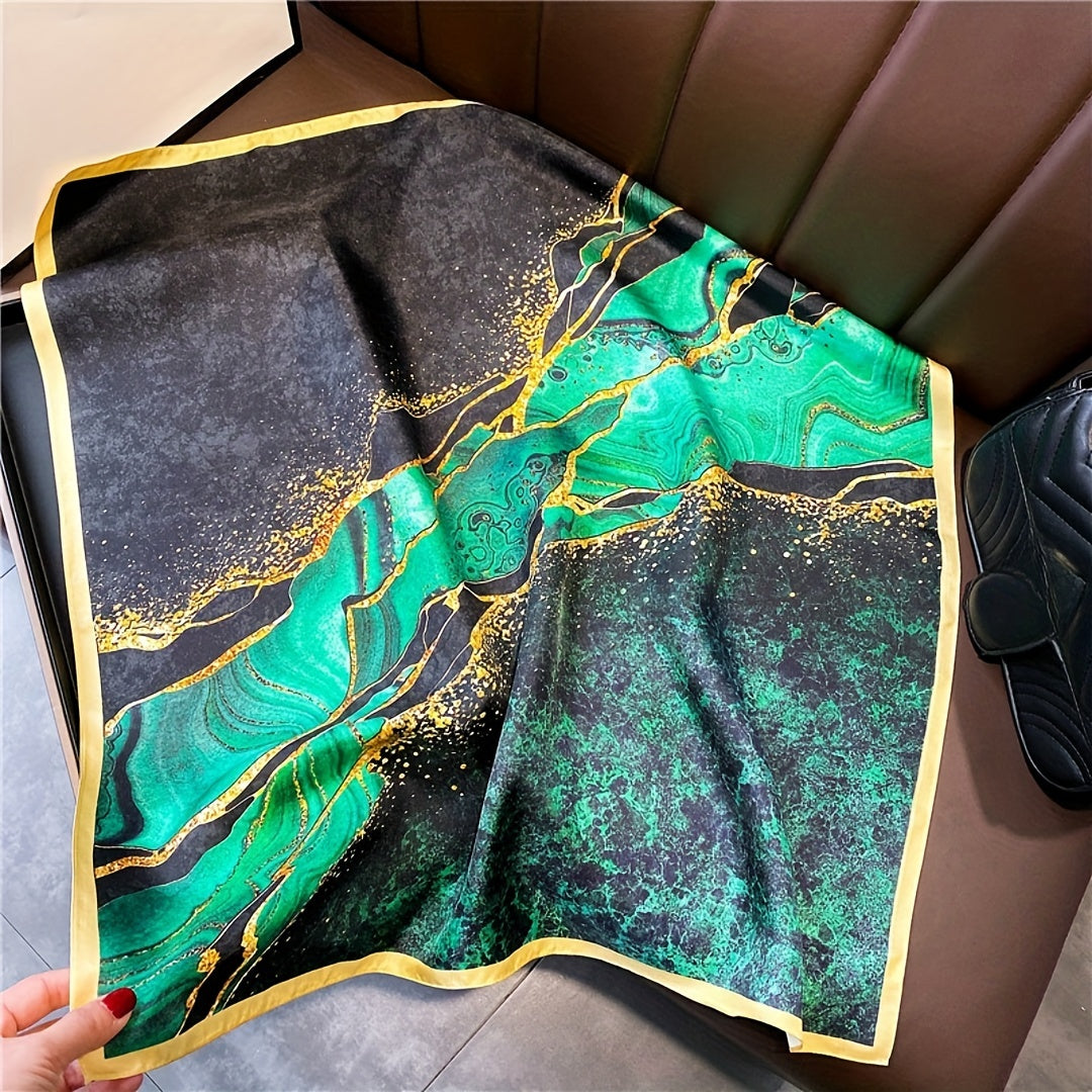 Women’s Green Print Square Scarf Made of Simulated Silk 69.85cm Breathable Neck Wrap