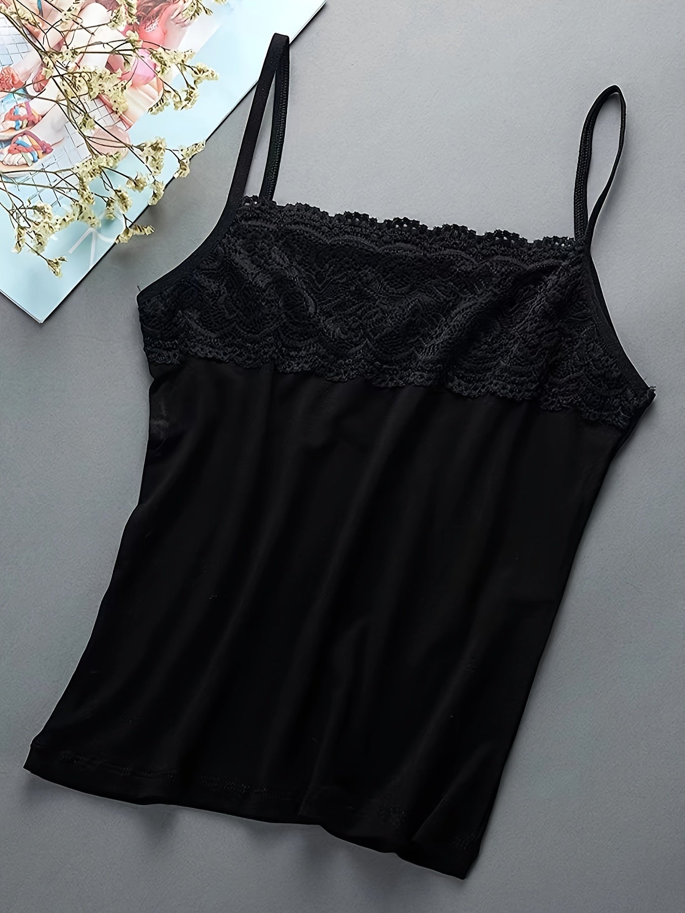 1 dona Ayollar uchun Dantelli Kamisole Tank Top, Yozgi Qoltsiz Yupqa Ichki Qavat, Mustahkam Rangli Nilon Matosi, Kattalar uchun Dantelli Cami