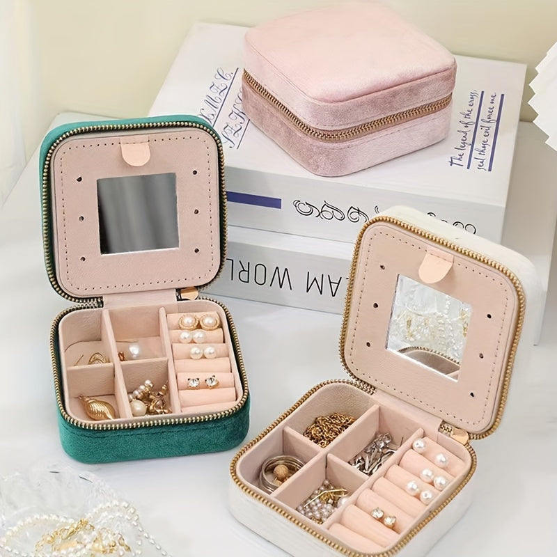 Velvet Jewelry Box with Mirror and Dual-Layer Zippered Storage for Accessories