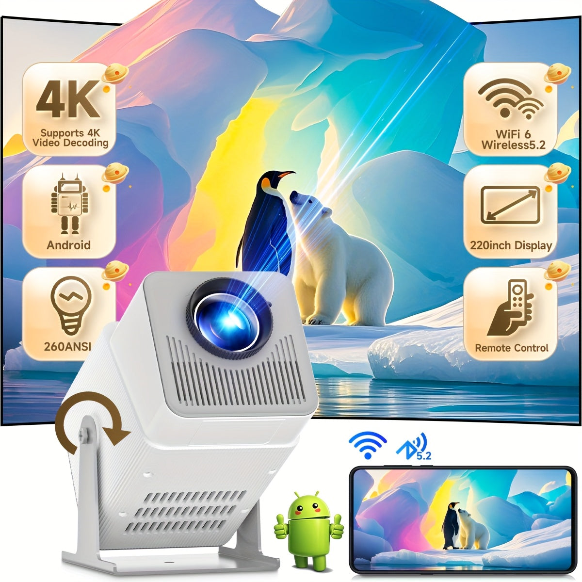 Mini Portable 4K Wi-Fi Projector with 260ANSI Brightness, 180° Rotation
