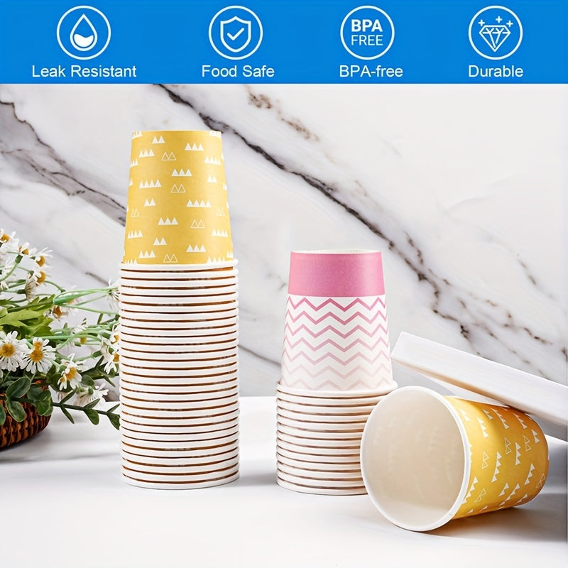 Yuqori sifatli, suv o'tkazmaydigan va BPA-siz 5 untsiya sig'imli bir martalik qog'oz stakanlar. Partiyalar, pikniklar, barbekyu va sayohatlar uchun juda mos keladi. Zamonaviy ko'k va yashil geometrik dizaynga ega.