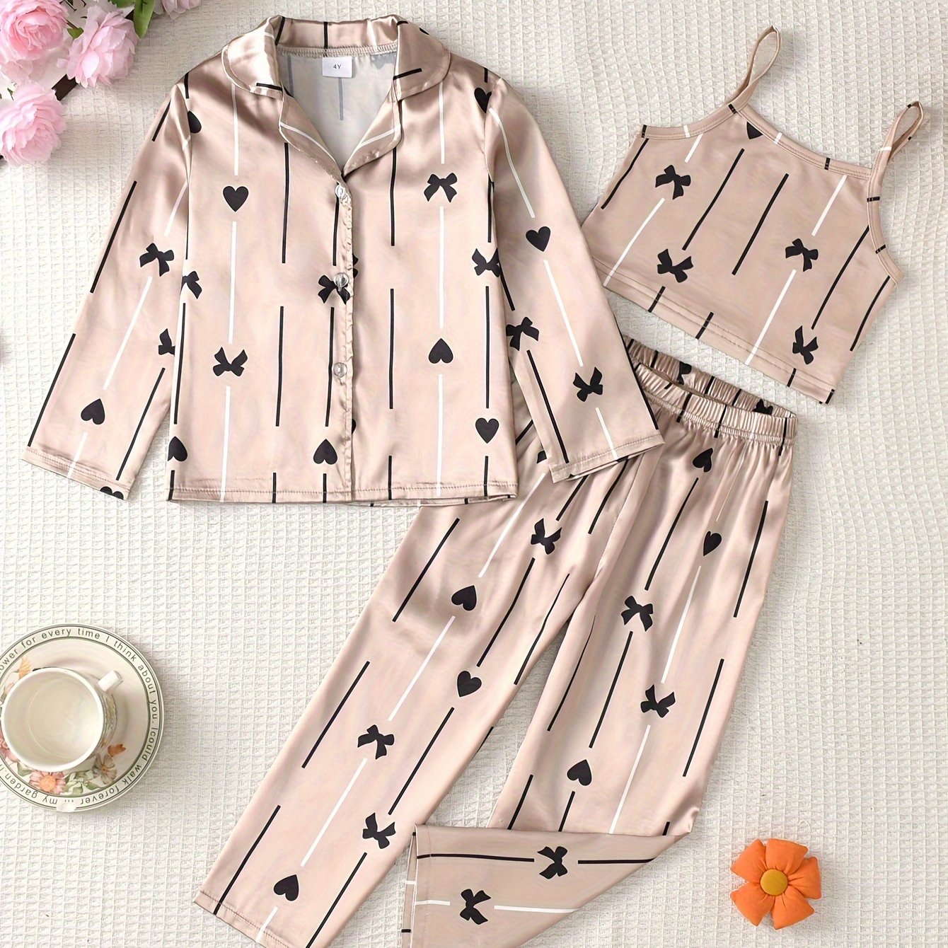 Girls Pajama Set with Heart-Shaped Bow Striped Floral Print Long Sleeve Cotton Casual