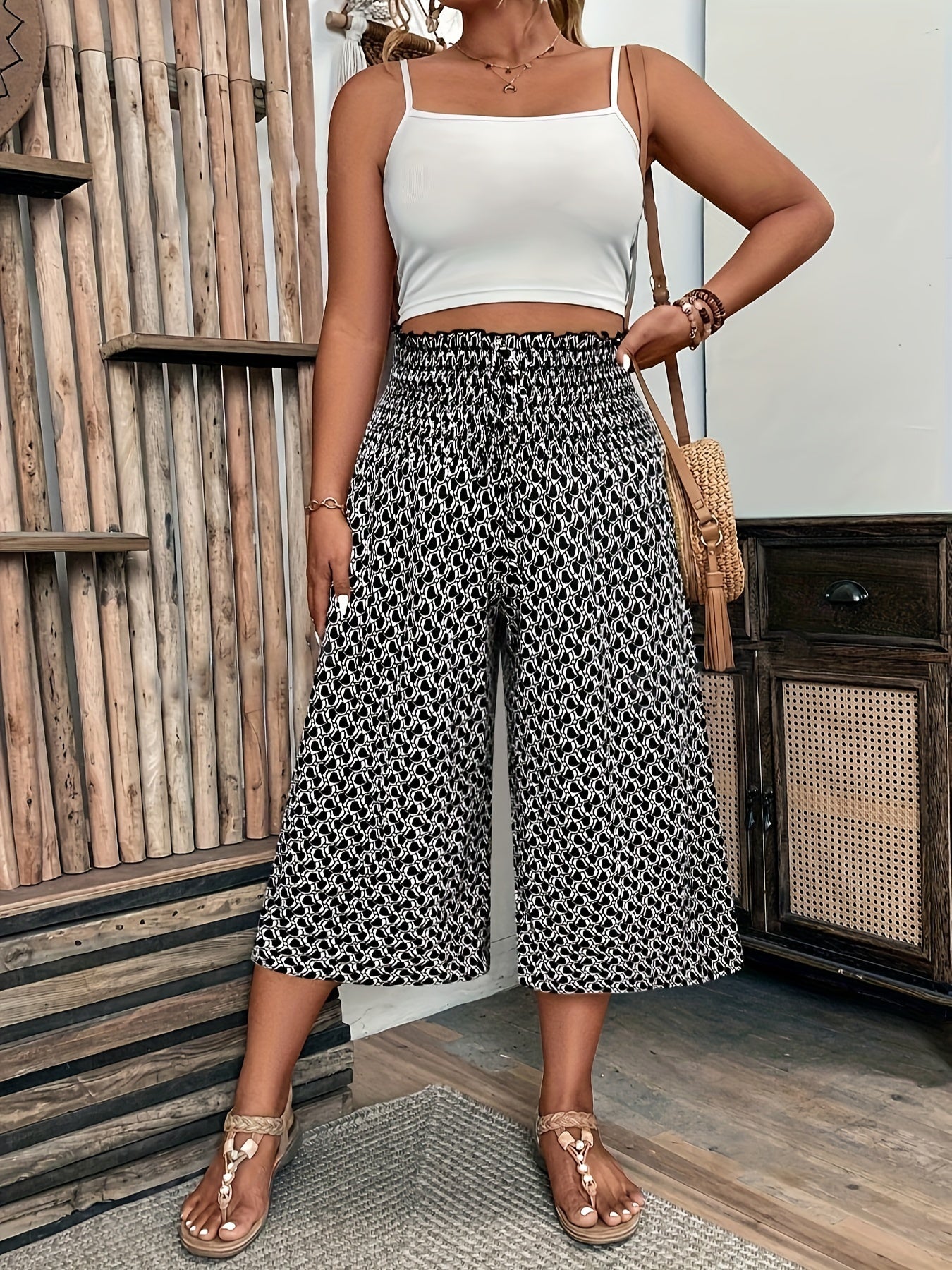 Women's Plus Size Mid-Length Smocked Print Pants with All-Season Comfort