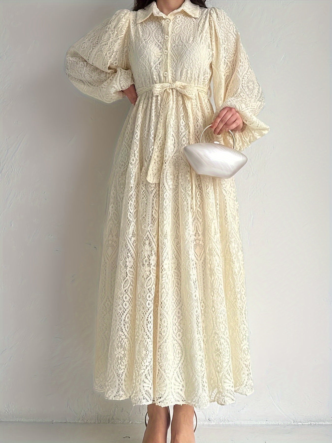 Women Middle Eastern Lace Collar Robe Dress Polyester Solid Color All Season