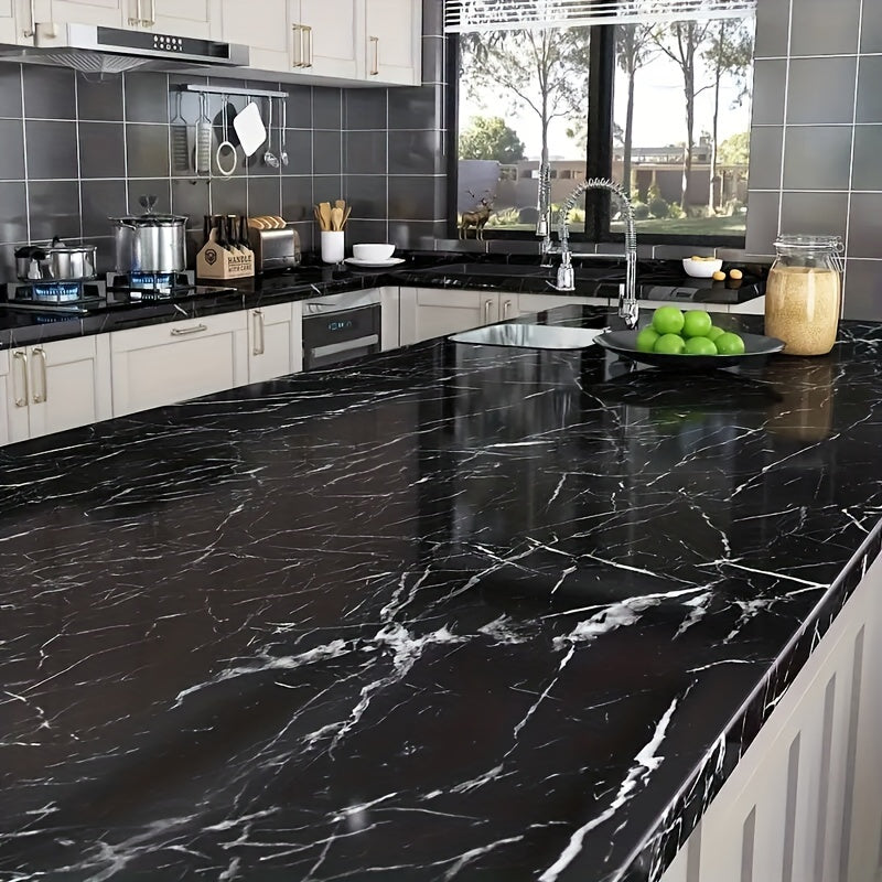 Black Marble Self-Adhesive Wallpaper Water-Resistant Peel & Stick for Kitchen Furniture