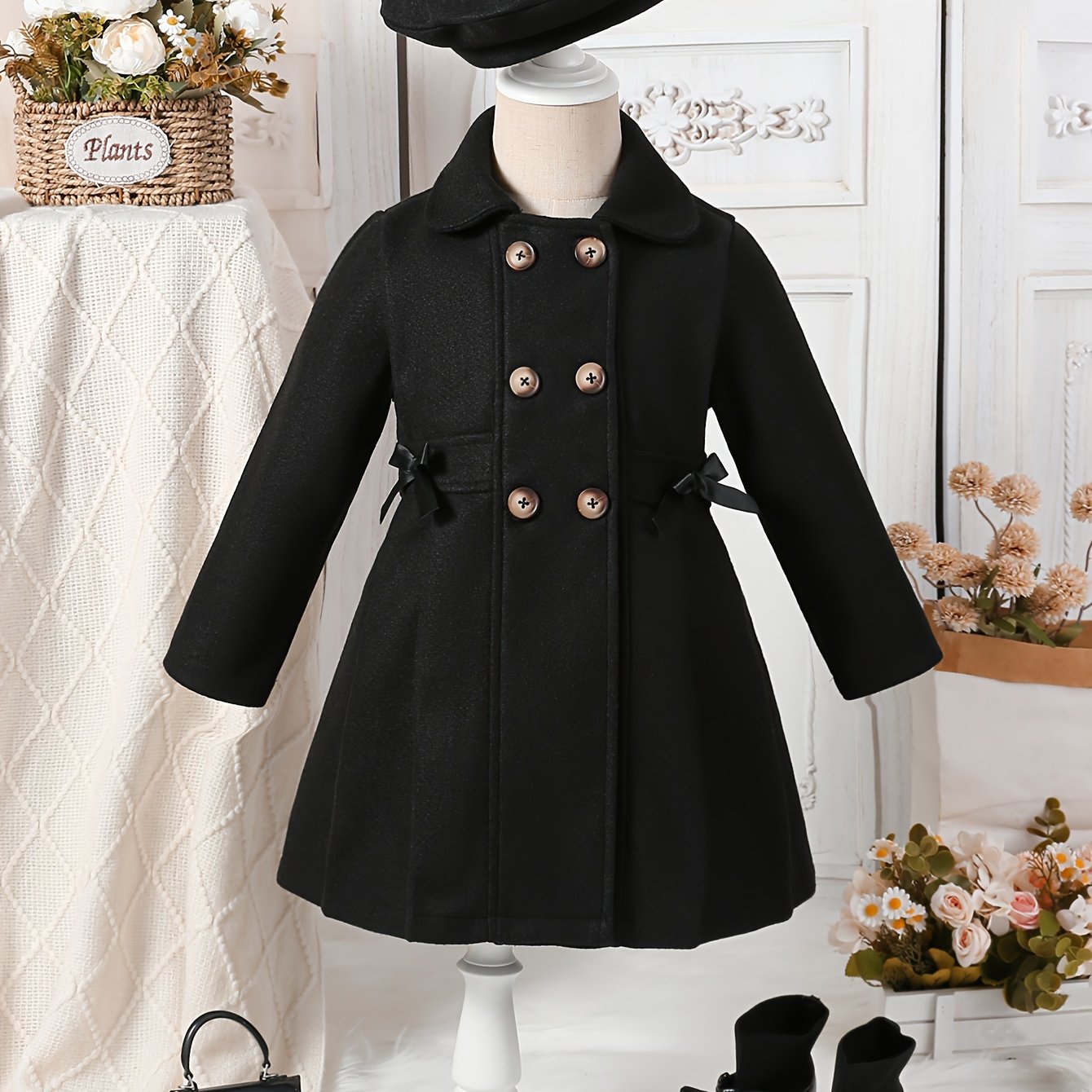 Girls Casual Polyester Trench Coat with Lapel Collar Double-Breasted Bow and Hat