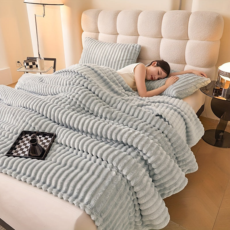 Manta de pelo sintético de conejo acogedora y suave, con rayas multicolores para sofá, cama y oficina