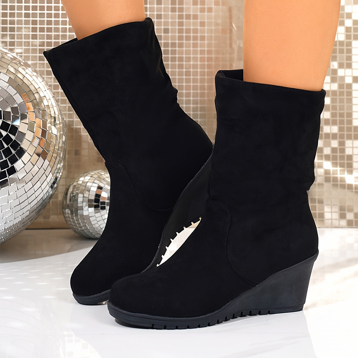 Women's Leather Mid-Calf Slip-On Boots Black All-Season Traction