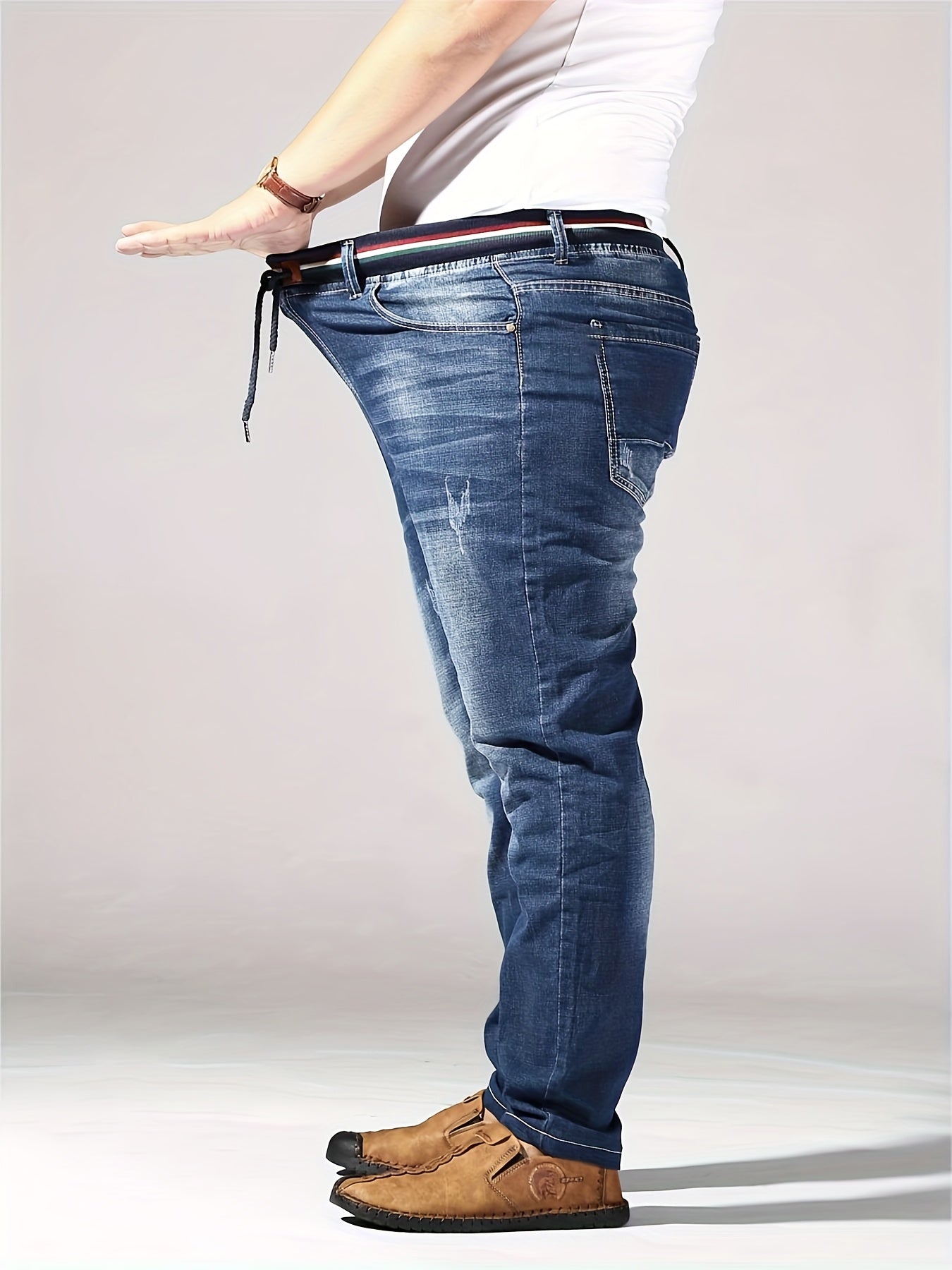 Plus Size Men's Slim Fit Jeans with Stretch Cotton Blend Ribbed Waistband Belt All-Season Denim