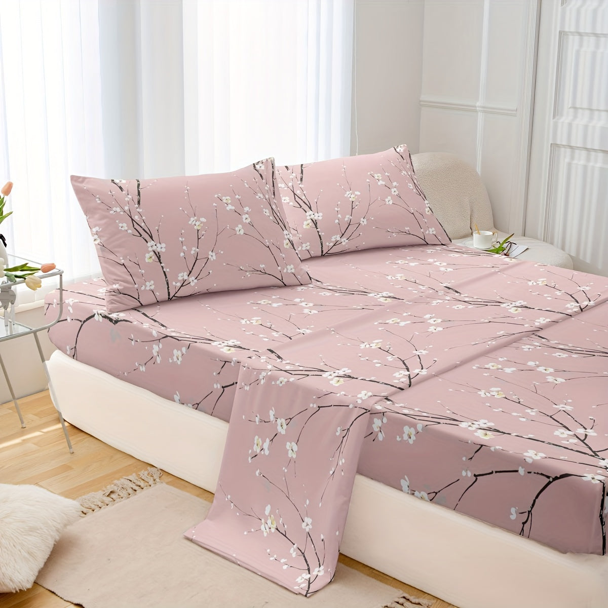 Set of Four Flower Print Fitted Sheets with Pillowcases Breathable Soft Cotton