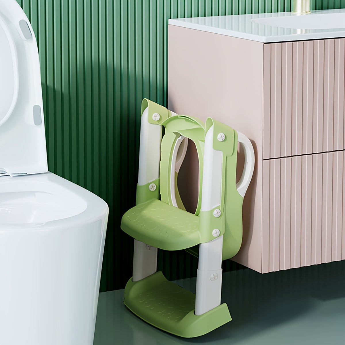 Kids Adjustable Height Step Stool with Safety Handles and Foldable Plastic Chair