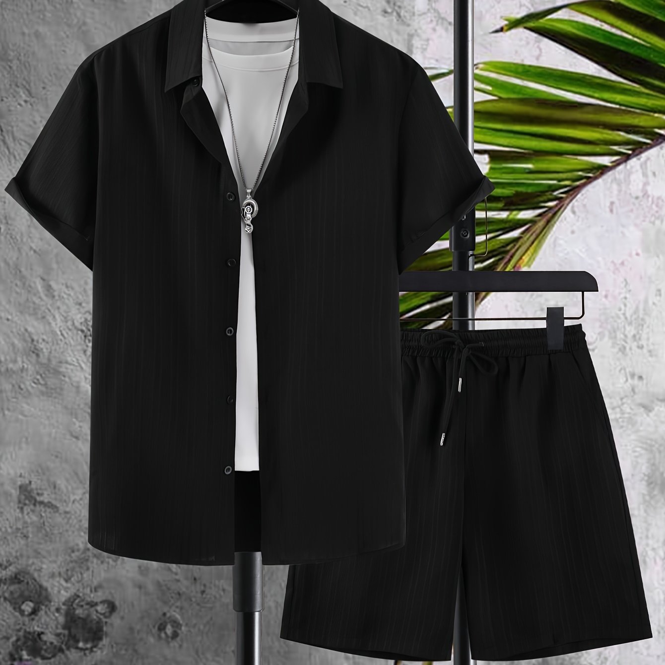 Plus Size Men's Summer Solid Striped Casual Lapel Button-Up Shirt and Drawstring Shorts Set