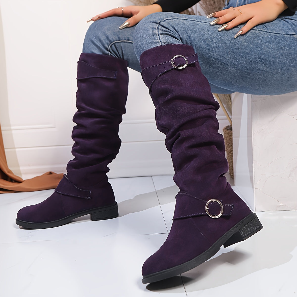Women's Velvet Knee-High Boots with Buckle, Solid Color, Low Heel