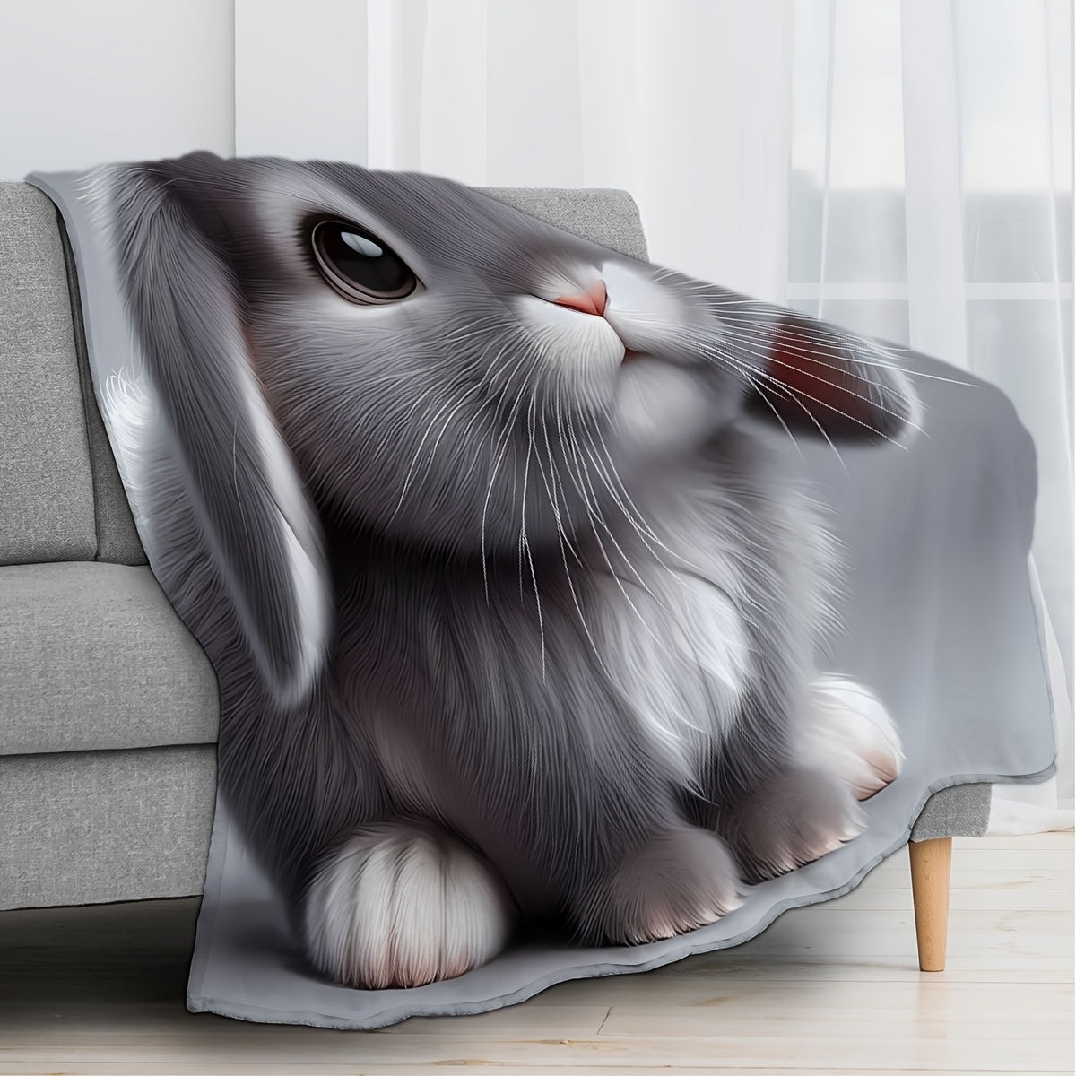 Gray Plush Rabbit Blanket Soft 3D Cartoon Cuddle Throw for Couch Bed Car