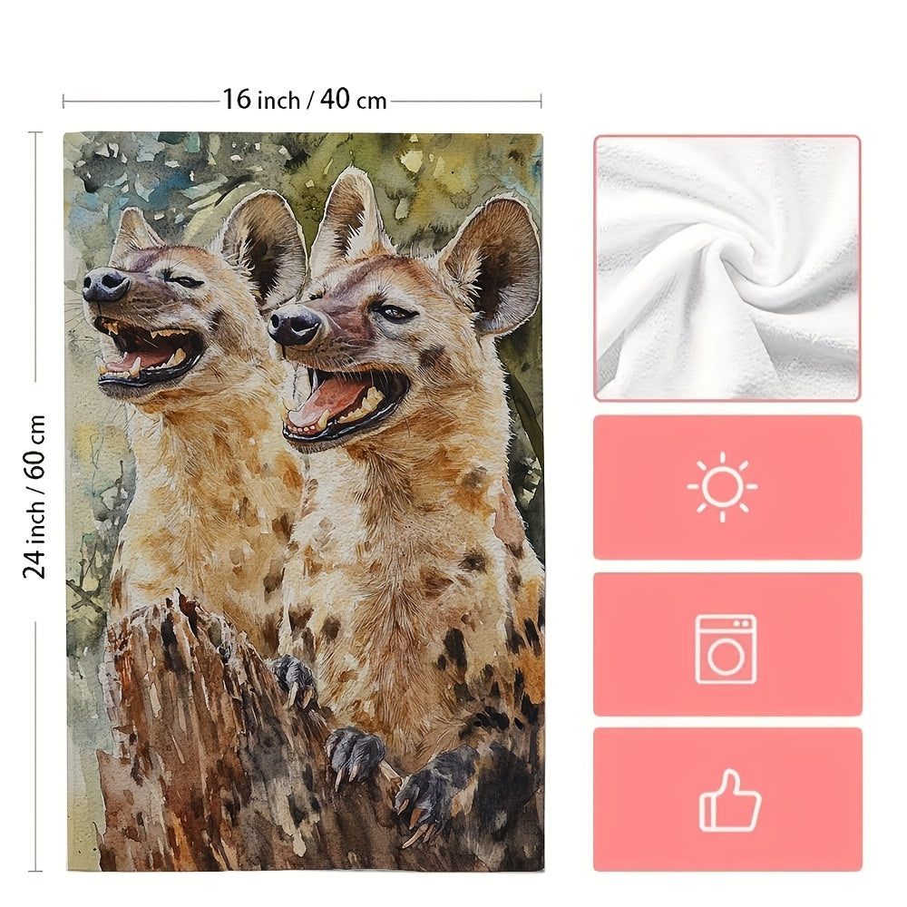 Two Pieces Ultra Soft Kitchen Towels Watercolor Hyena Design 40x60 cm