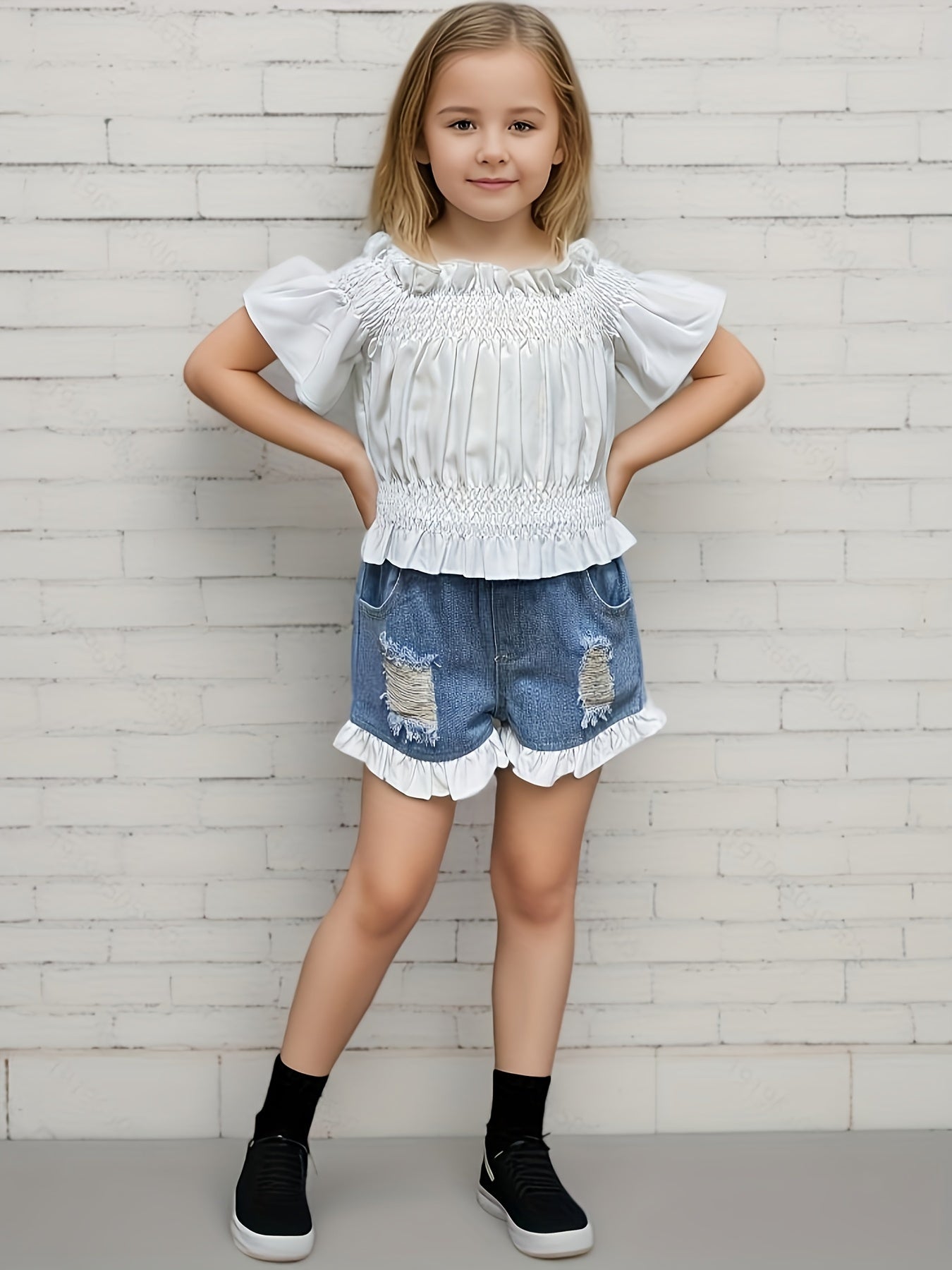 Девчачий комплект из двух предметов: джинсовая блузка с открытыми плечами и шорты для летних повседневных мероприятий