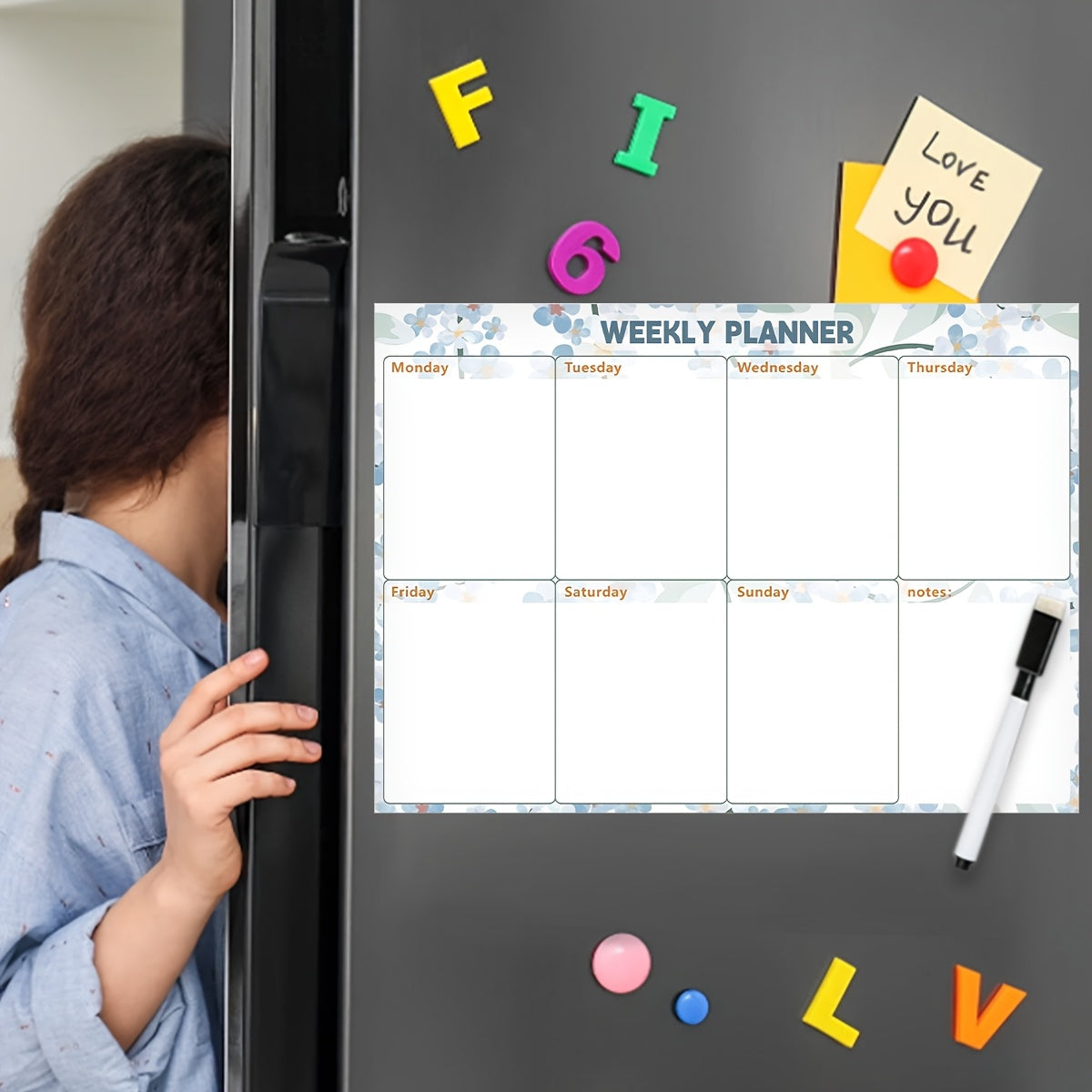 Floral Magnetic Dry-Erase Whiteboard for Refrigerator with Calendar and Magnets