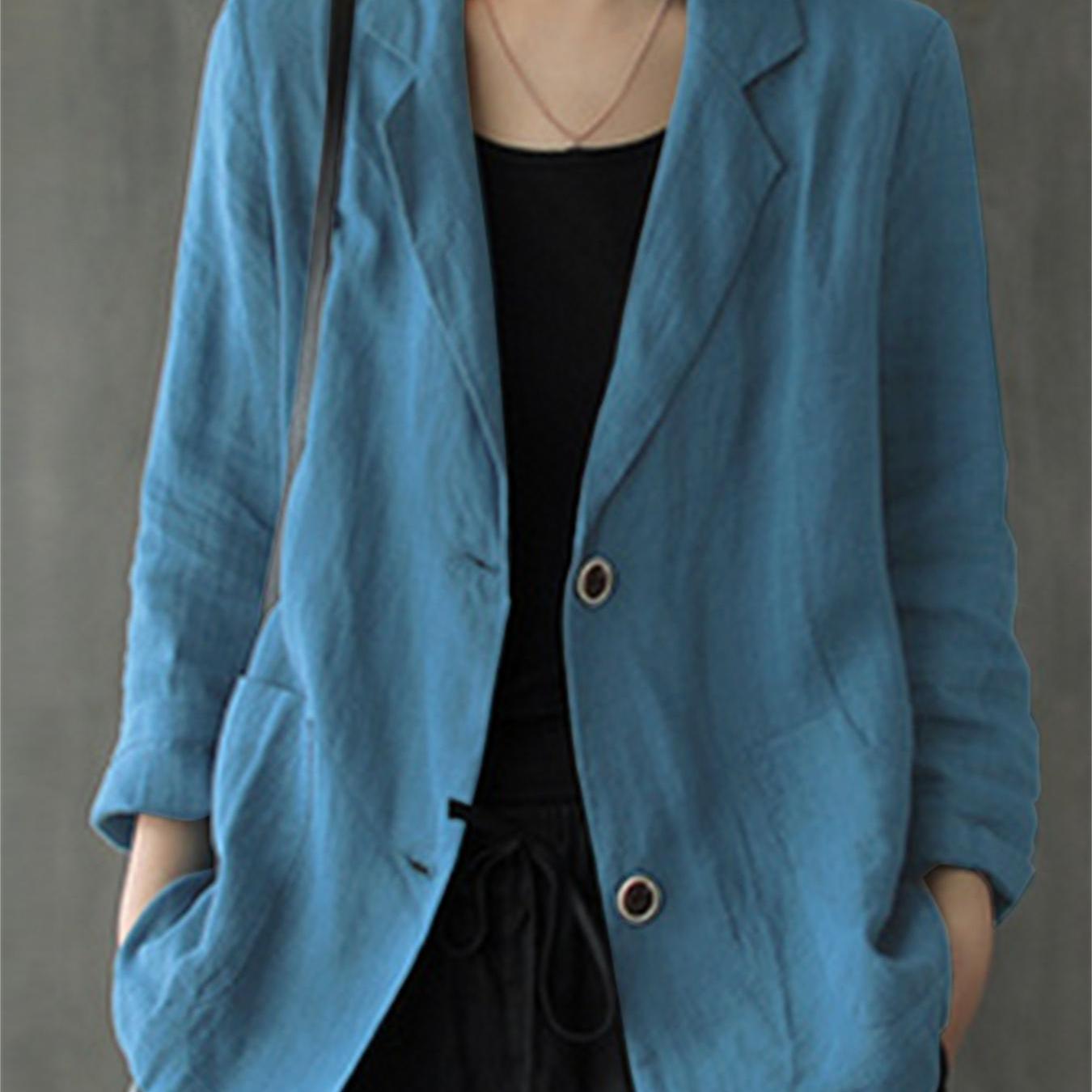 Plus Size Women's Cotton Blazer Long Sleeve Solid Color Office Casual Outerwear